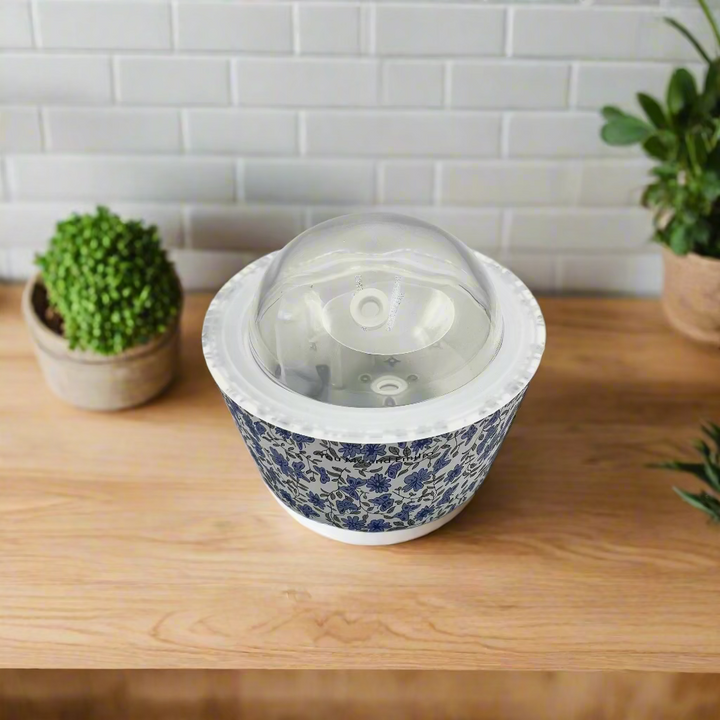 Small container with a blue floral pattern on a white background