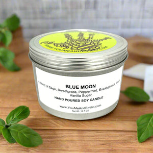 The Blue Moon Soy Candle features a captivating fragrance blend of Sage, Sweetgrass, Peppermint, Eucalyptus, and Warm Vanilla Sugar. These aromatic notes come together to create a harmonious and uplifting scent that promotes a sense of prosperity, balance, and spiritual manifestation.