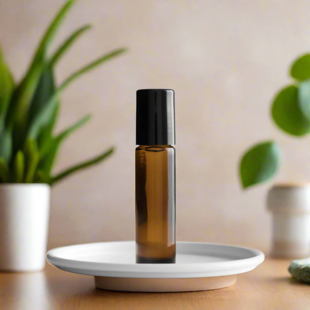 Breathe & Relax Scented Roll-On by You Me & Emilio in amber glass bottle, featuring eucalyptus and spearmint aromatherapy fragrance oil for relaxation.