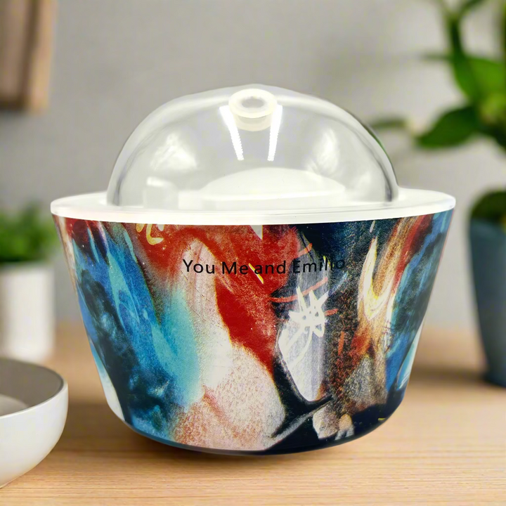 Decorative ceramic bowl with colorful animal design on a white background