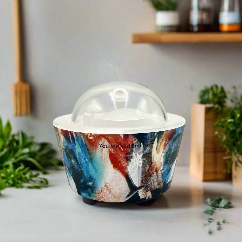 Ceramic container with abstract design on a white background