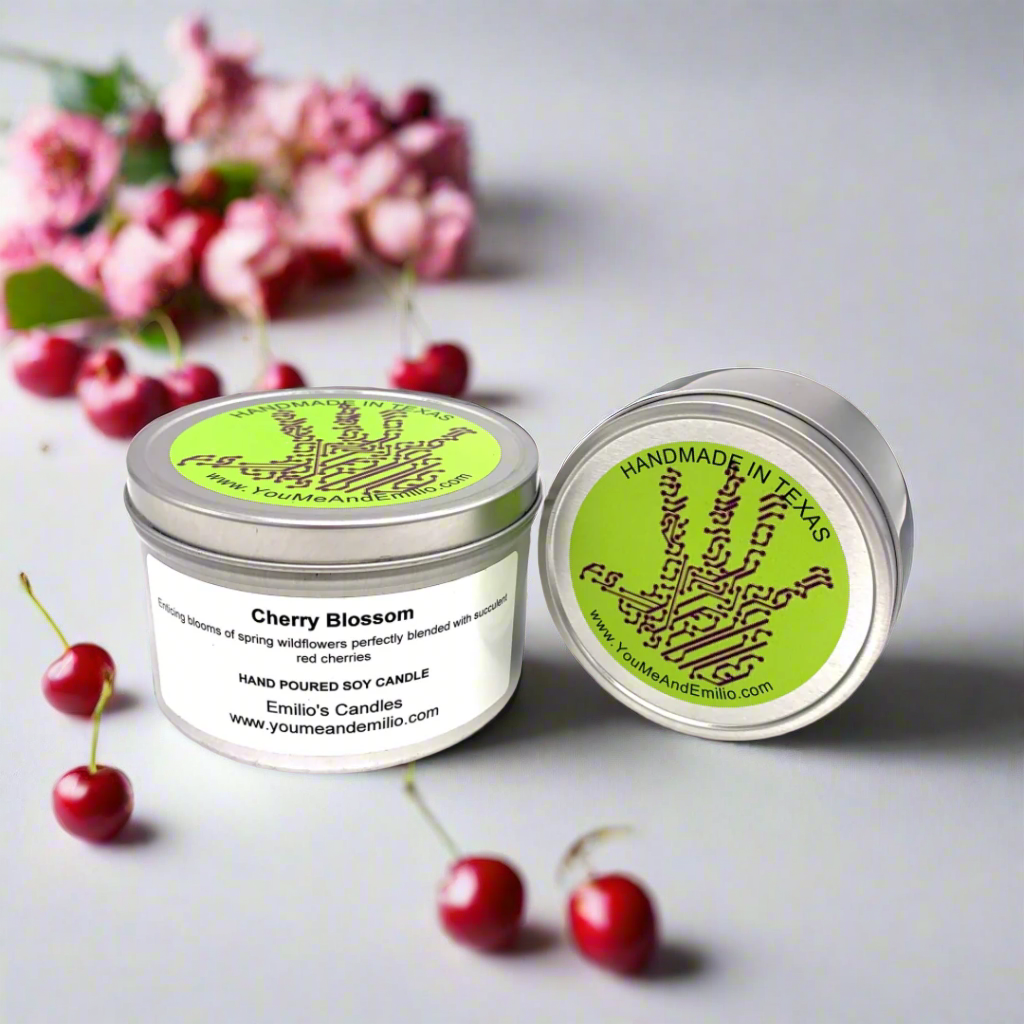 Cherry Blossom Soy Candle featuring a blend of blooming wildflowers and ripe red cherries, designed to evoke the tranquility of spring in any space.
