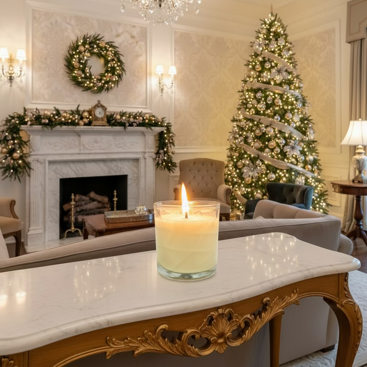 Candle in a glass jar on a white background