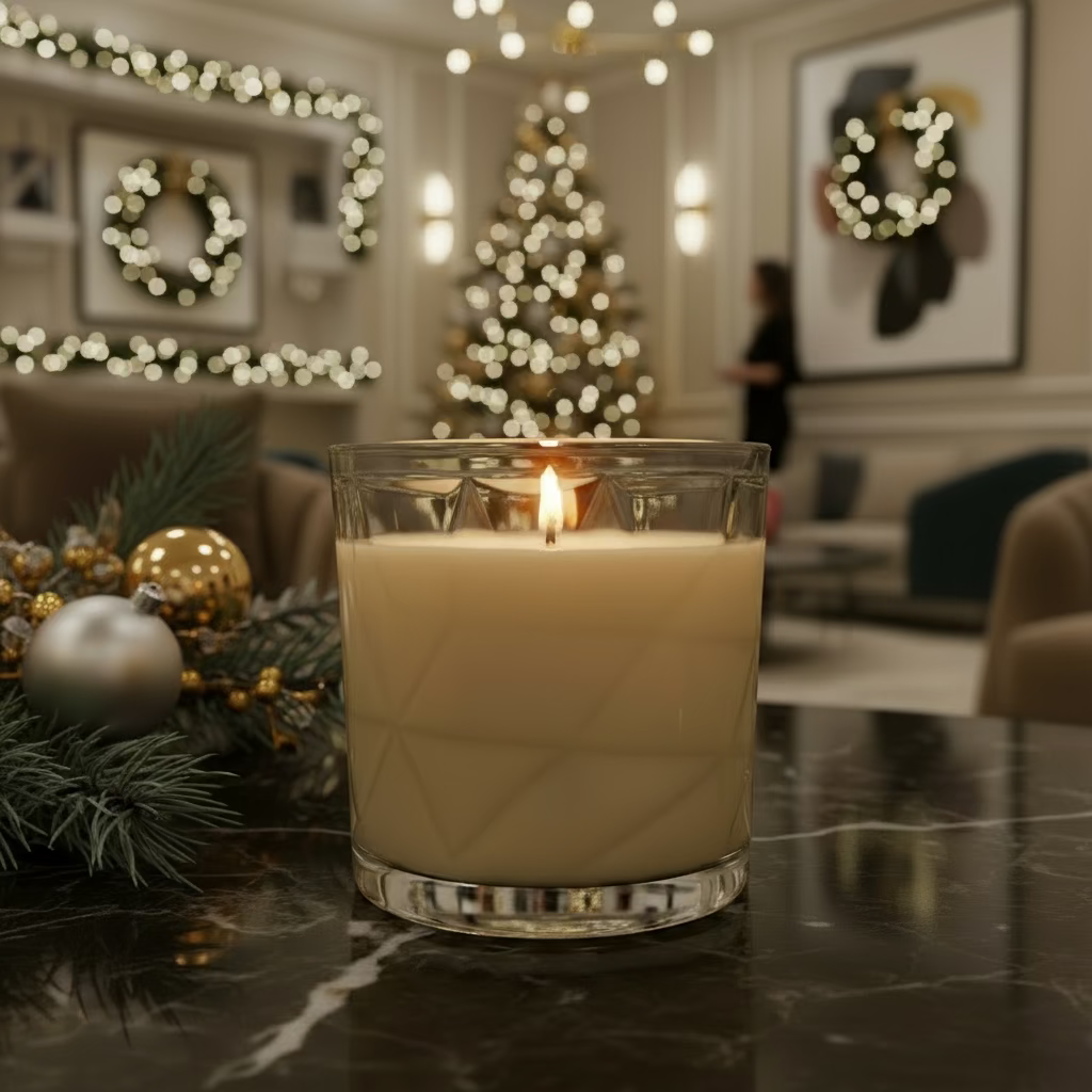 Candle in a clear glass container on a white background