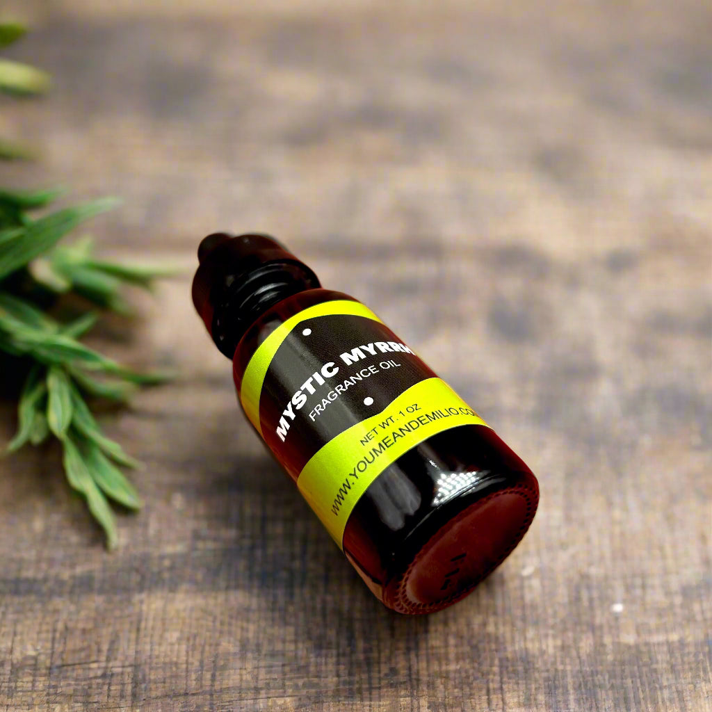 Close-up of Mystic Myrrh Fragrance Oil bottle, showcasing its minimalist design and dark, alluring liquid inside, perfect for creating a calming atmosphere.