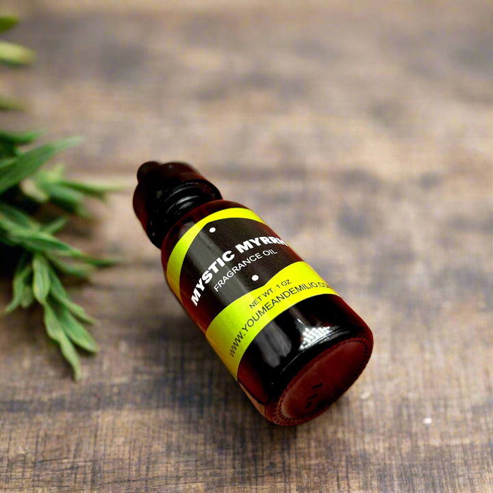Close-up of Mystic Myrrh Fragrance Oil bottle, showcasing its minimalist design and dark, alluring liquid inside, perfect for creating a calming atmosphere.