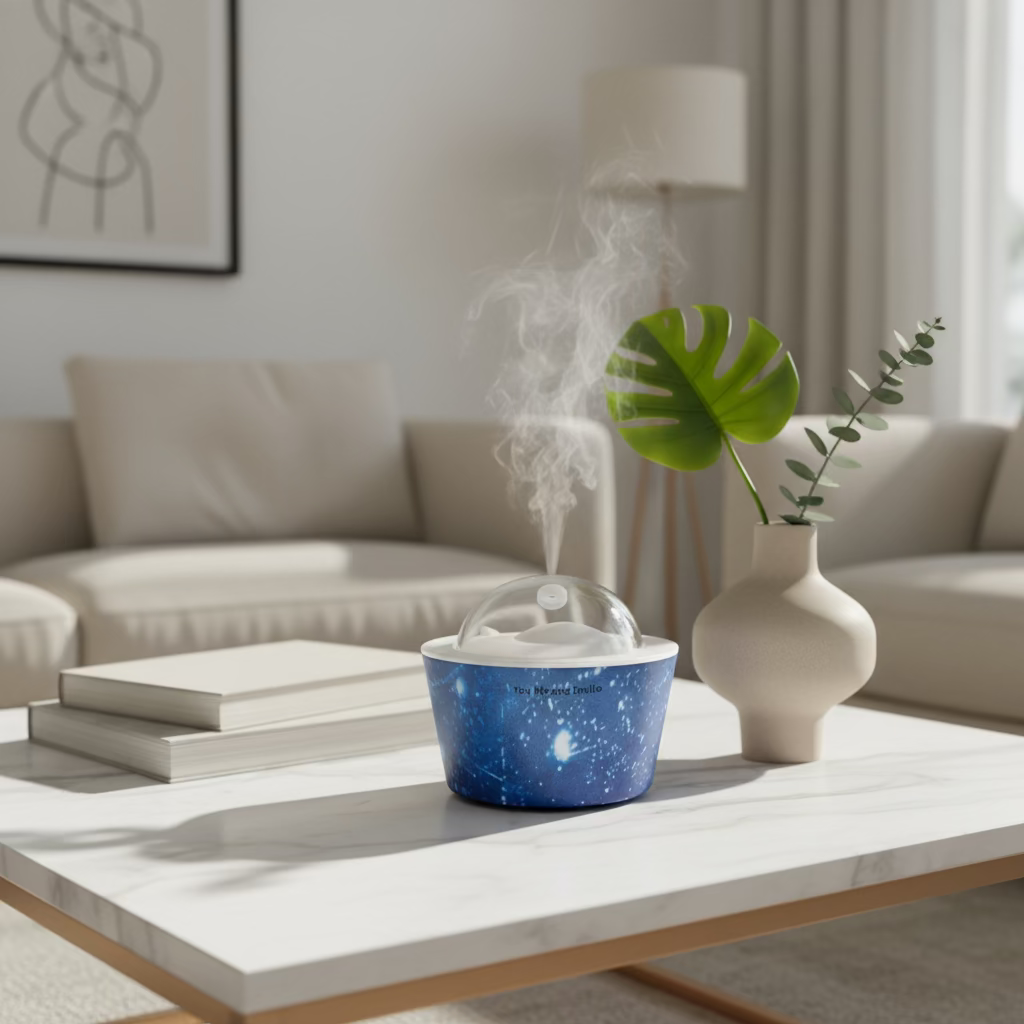 Blue humidifier on a coffee table with a plant and books in a living room setting