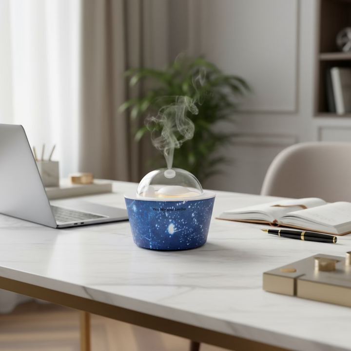 Blue diffuser on a desk with a laptop and books in a home office setting