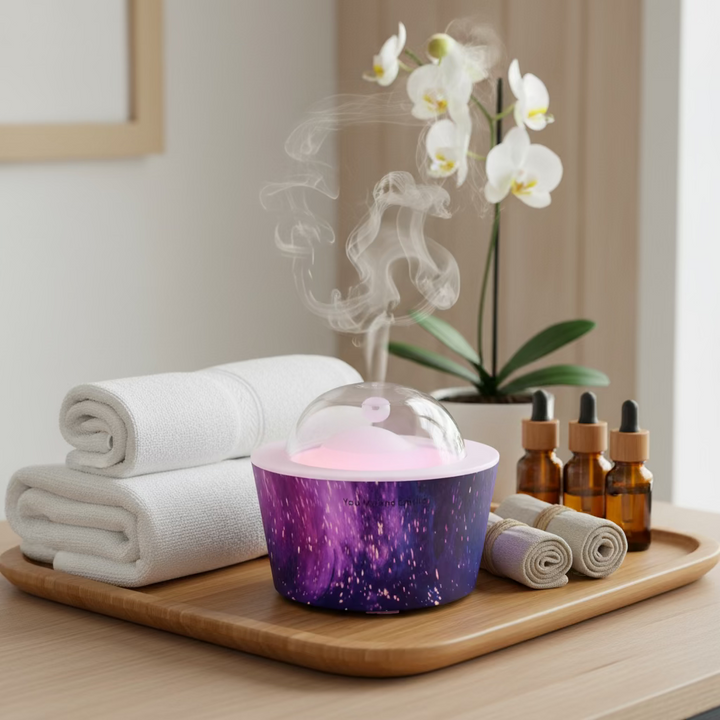 Cosmic-themed product on a wooden deck with greenery in the background