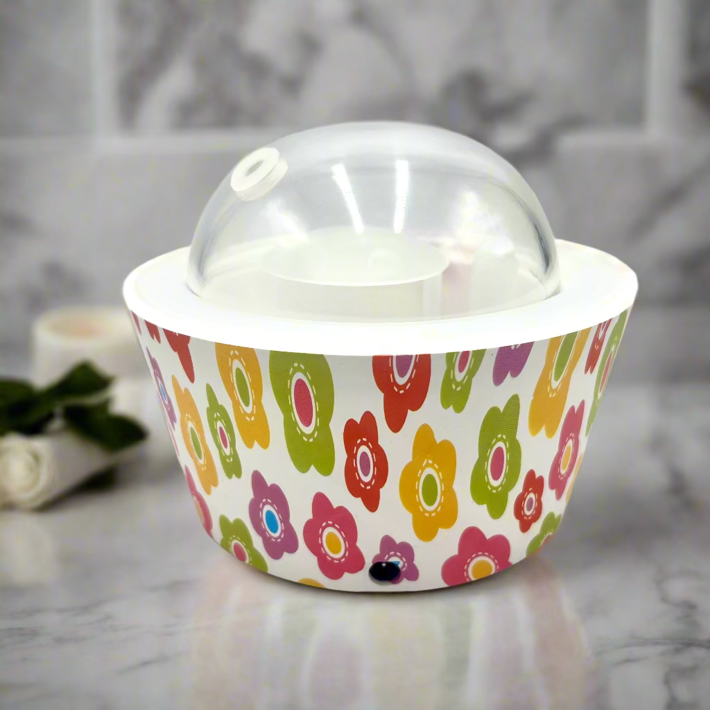 Small appliance with a colorful floral pattern on a white background