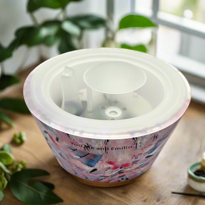 Round container with a colorful design on a white background