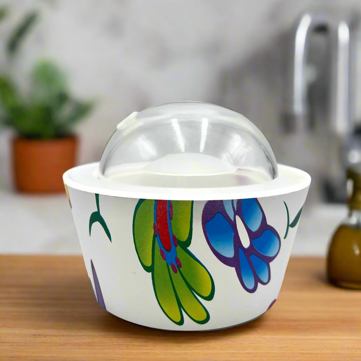 Plastic bowl with colorful butterfly design on a white background