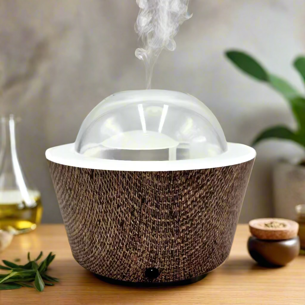 Brown textured container with a clear dome lid on a white background
