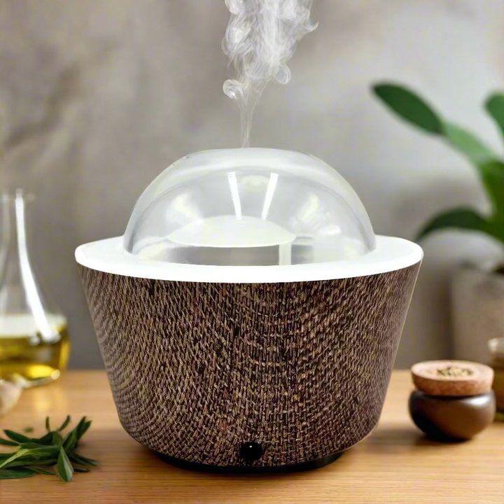 Brown textured container with a clear dome lid on a white background