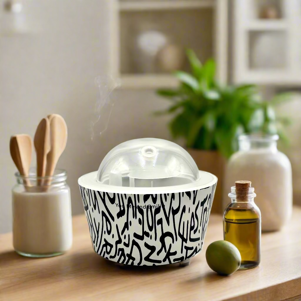 Black and white patterned container with a clear dome lid on a white background