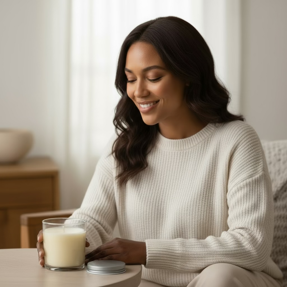 Glass jar with a gray lid on a white background