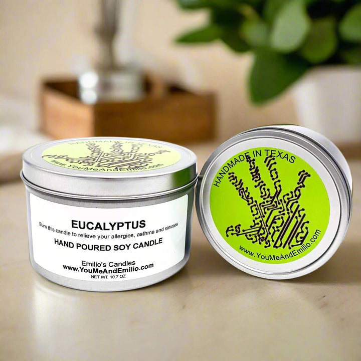 Eucalyptus Soy Candle – A refreshing, clean-burning candle crafted to promote relaxation and clarity, handmade with pure soy wax in Dallas, Texas.