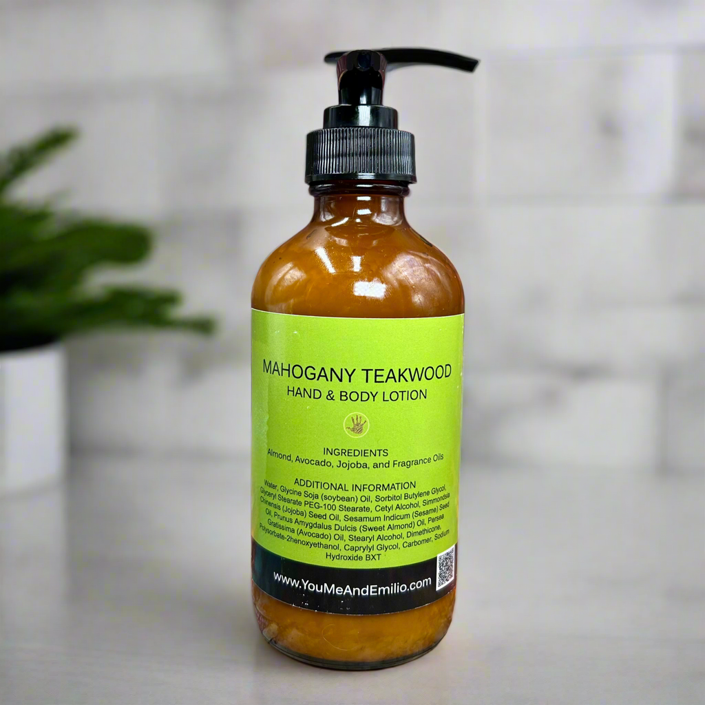 Loción para manos y cuerpo de madera de teca de caoba