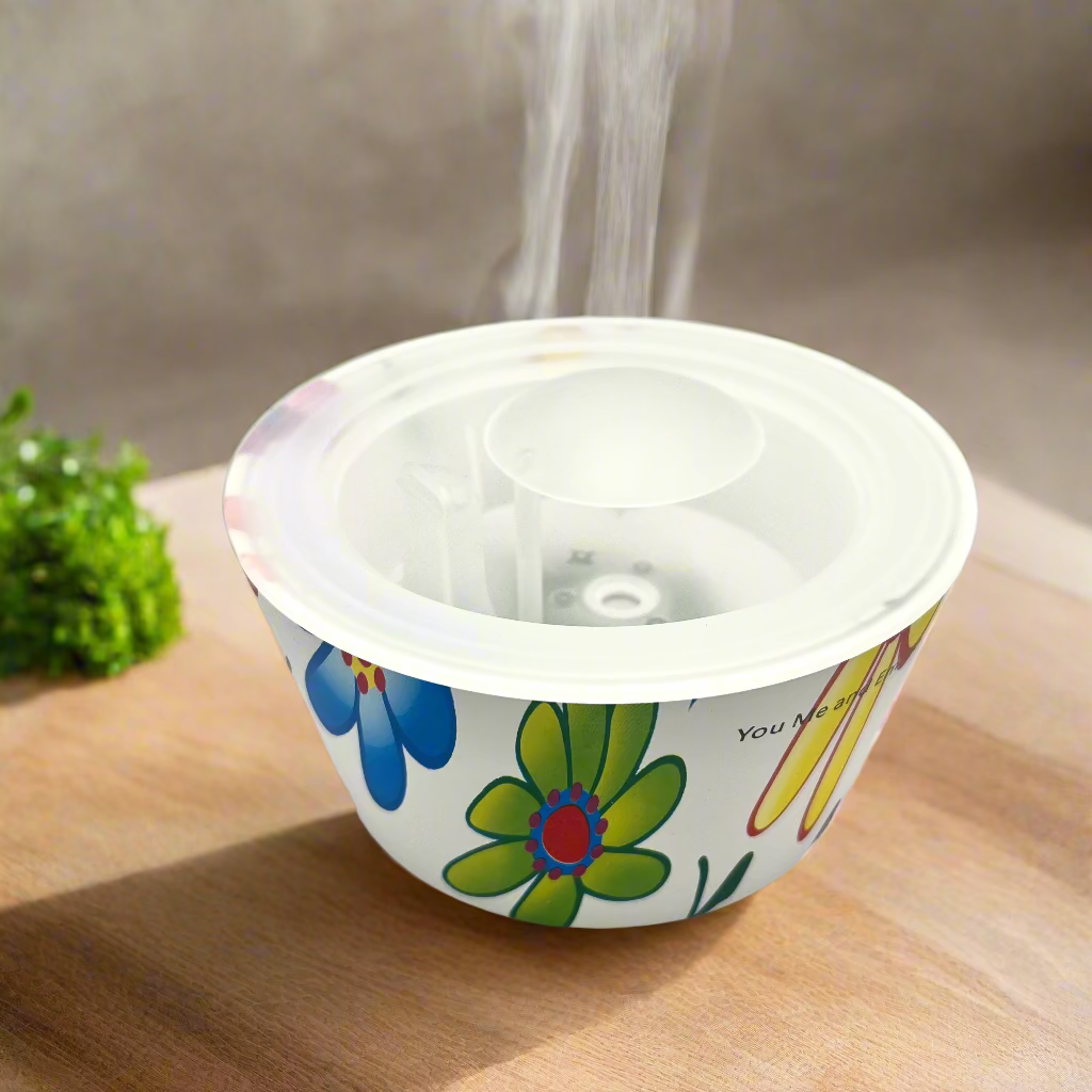 Plastic bowl with floral design on a white background