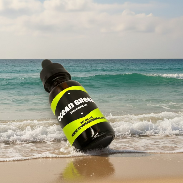 Small bottle with a green label on a woven surface outdoors