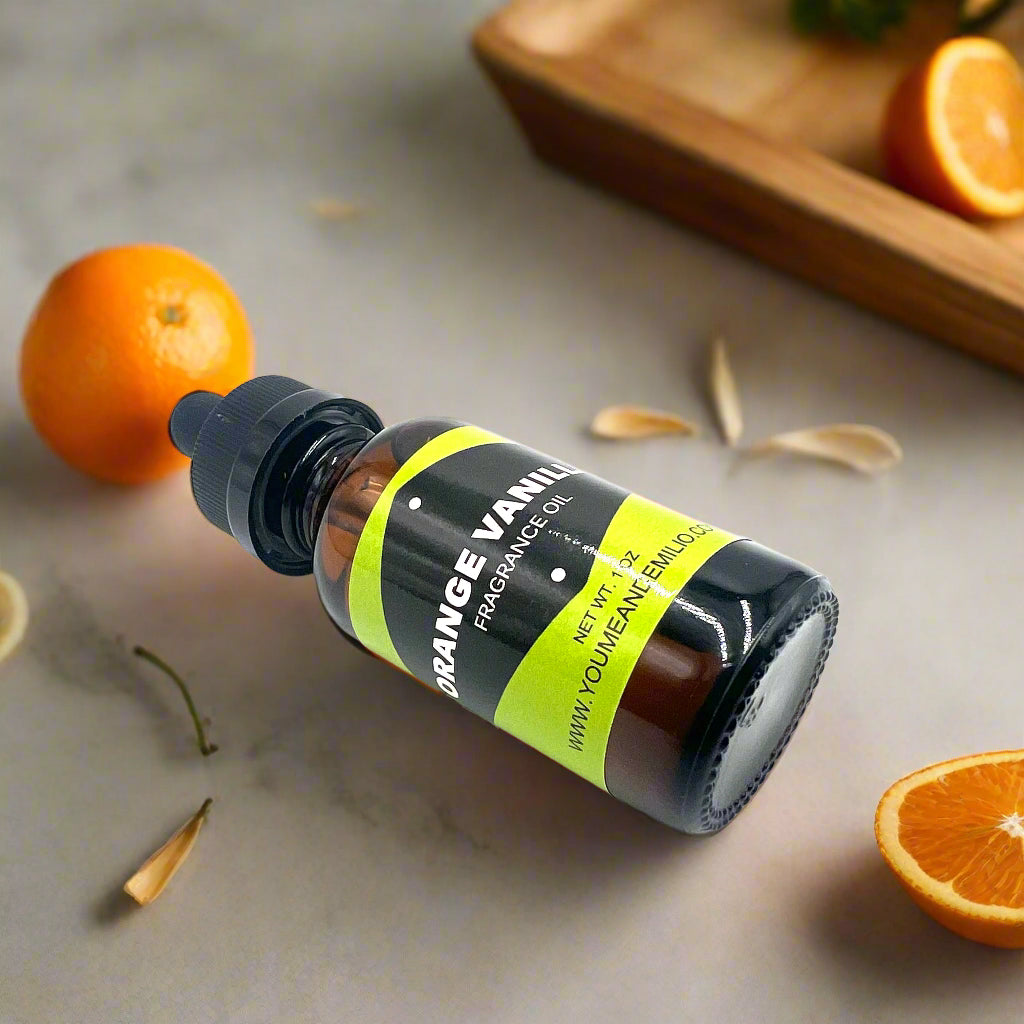 Orange Vanilla fragrance oil bottle on a white background