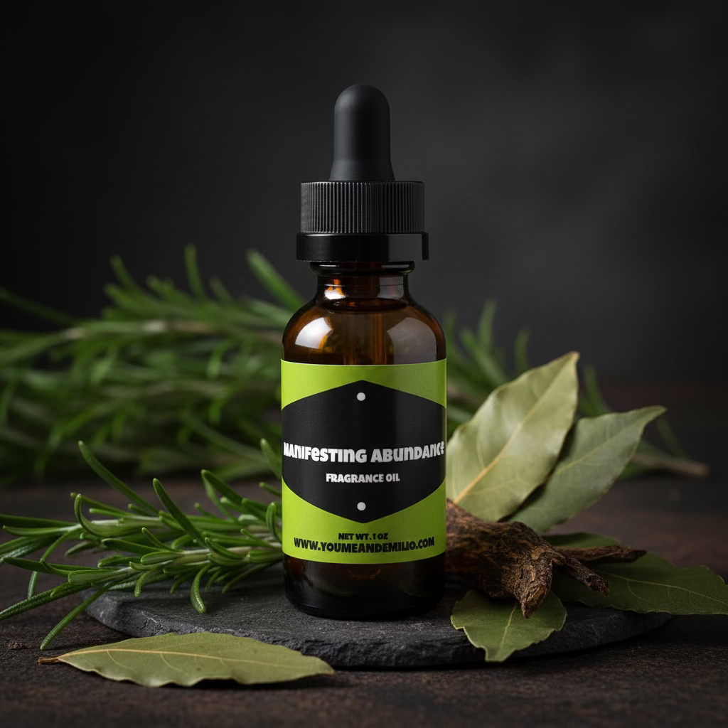 You Me & Emilio Manifesting Abundance fragrance oil in a clear glass bottle, with a natural essential oil for positive energy and prosperity.
