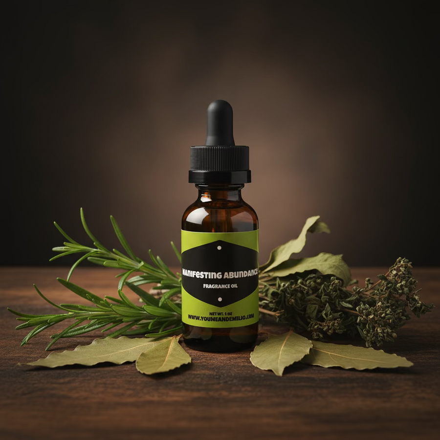 You Me & Emilio Manifesting Abundance essential oil bottle with a vibrant, colorful label and dropper cap.
