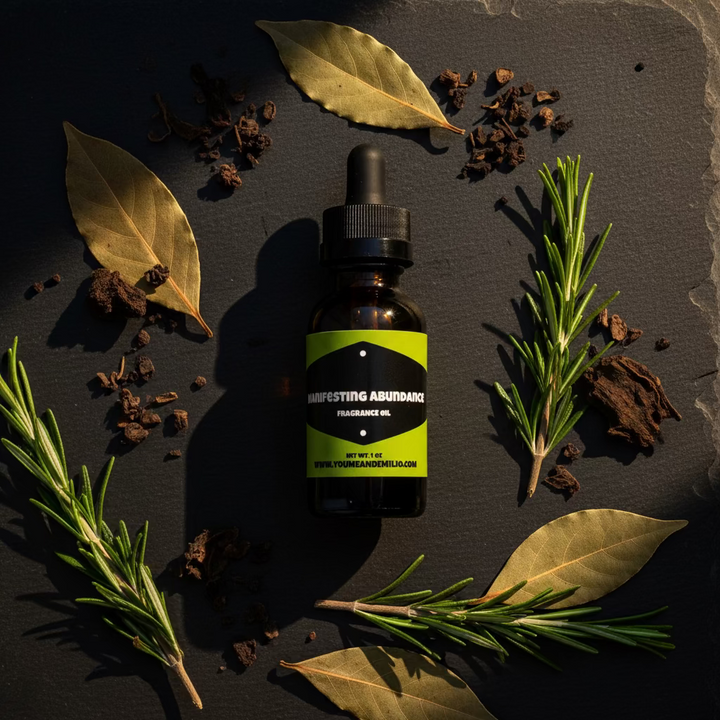 You Me & Emilio Manifesting Abundance essential fragrance oil bottle with a clear label and elegant packaging.