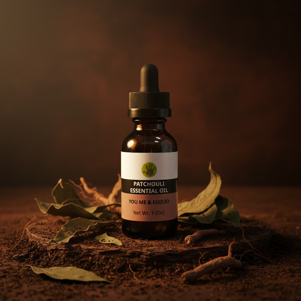 Bottle of You Me & Emilio Patchouli Essential Oil, pure essential oil in a clear glass bottle with a black cap.