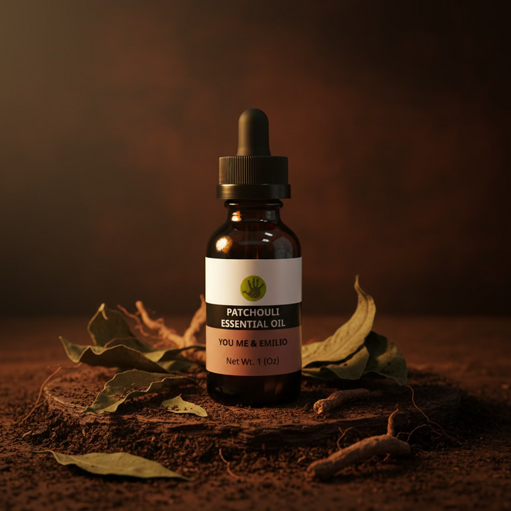 Bottle of You Me & Emilio Patchouli Essential Oil, pure essential oil in a clear glass bottle with a black cap.