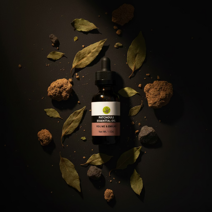 Bottle of You Me & Emilio Patchouli Essential Oil, pure essential oil with dark amber glass and white cap, on a neutral background.