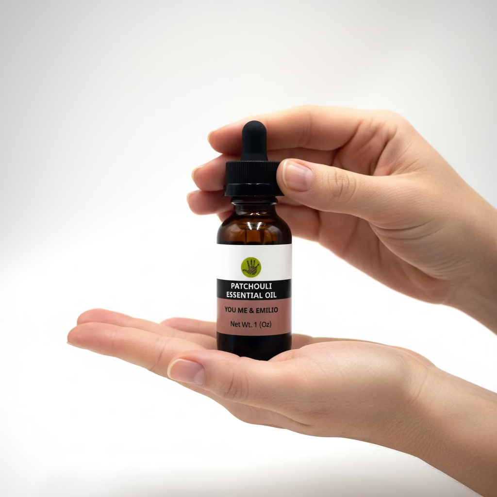 Bottle of You Me & Emilio Patchouli Essential Oil with amber glass, label visible, and dropper for application.