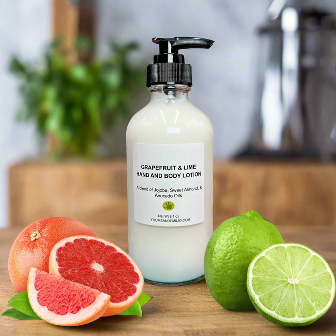 Grapefruit & Lime Hand & Body Lotion with a sleek bottle design, highlighting its infusion of Sweet Almond and Avocado oils for soft, supple skin.