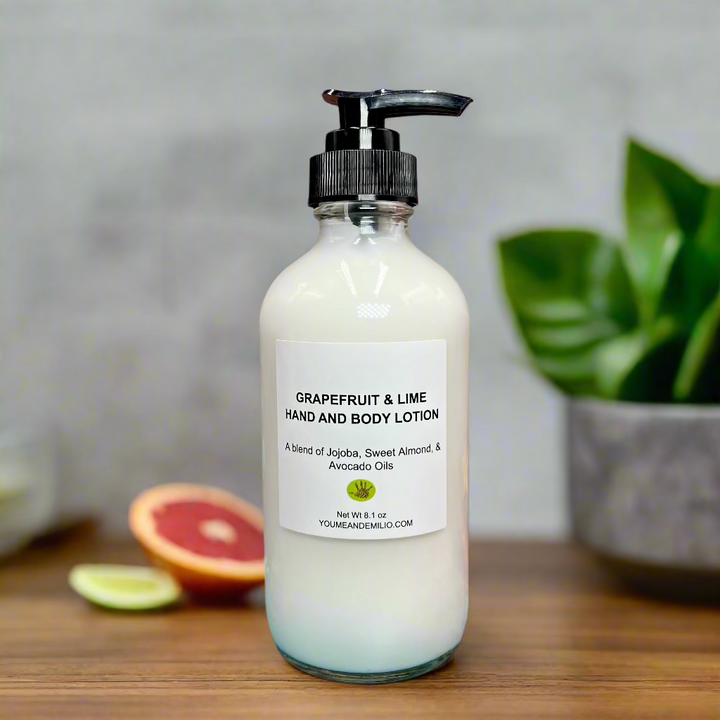 A bottle of Grapefruit & Lime Hand & Body Lotion, offering a refreshing citrus scent and deeply nourishing ingredients like Jojoba and Vitamin E oils, handmade in Dallas, Texas.