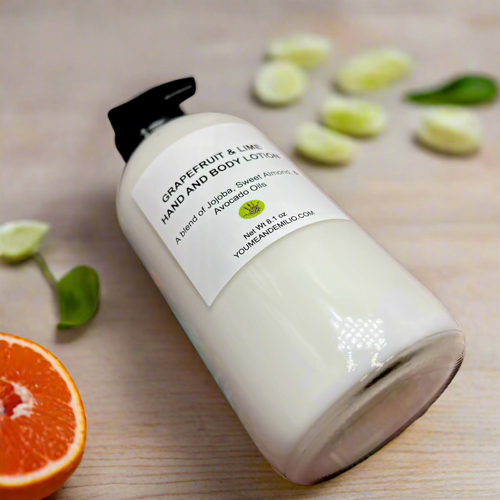 Close-up of Grapefruit & Lime Hand & Body Lotion, featuring zesty grapefruit and lime fragrances that energize and hydrate all skin types.