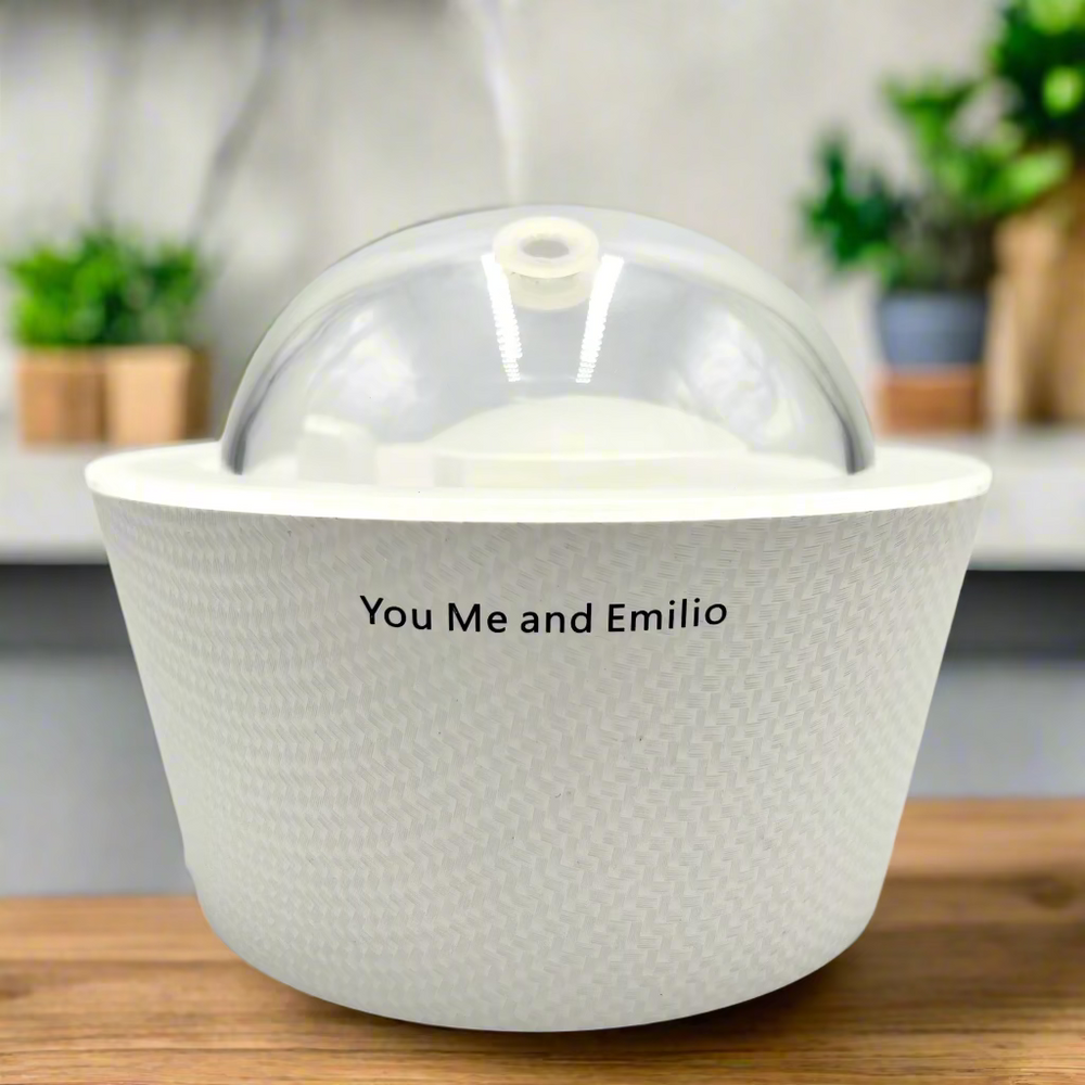 White textured container with a clear dome lid on a light gray background