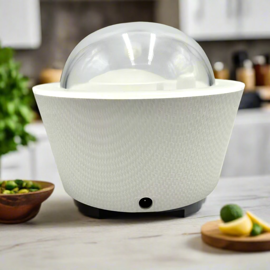 White textured bowl with a transparent dome lid on a white background