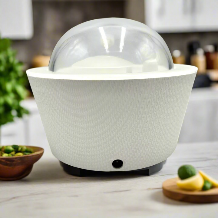 White textured bowl with a transparent dome lid on a white background