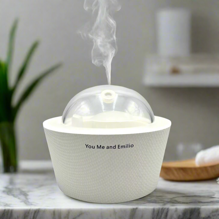 White textured container with a clear dome lid on a white background