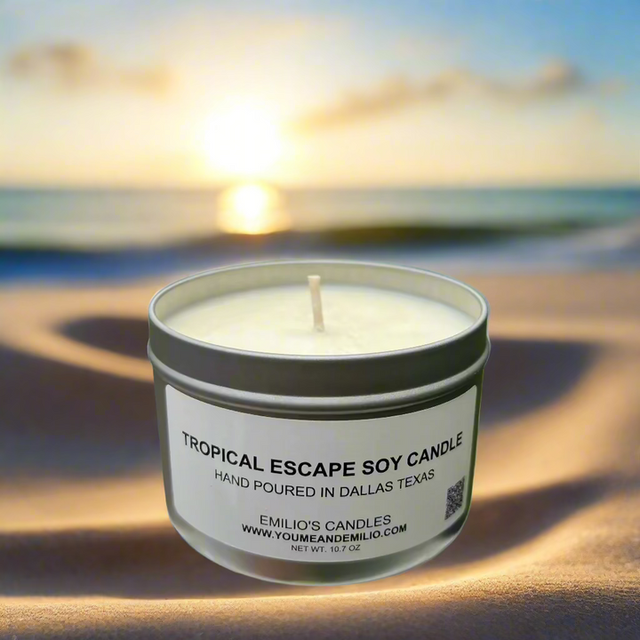 Tropical Escape Soy Candle in sleek glass jar with vibrant tropical fragrance blend of pineapple, mango, goji berry, and soft driftwood, ideal for coastal and summer-themed spaces.
