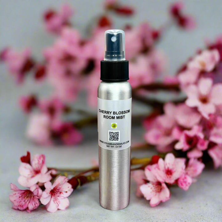 Cherry Blossom Room Mist – A premium, long-lasting home fragrance spray infused with the fresh scent of cherry blossoms and red cherries. Hand-poured in Dallas, Texas, this elegant mist eliminates odors and refreshes any space.