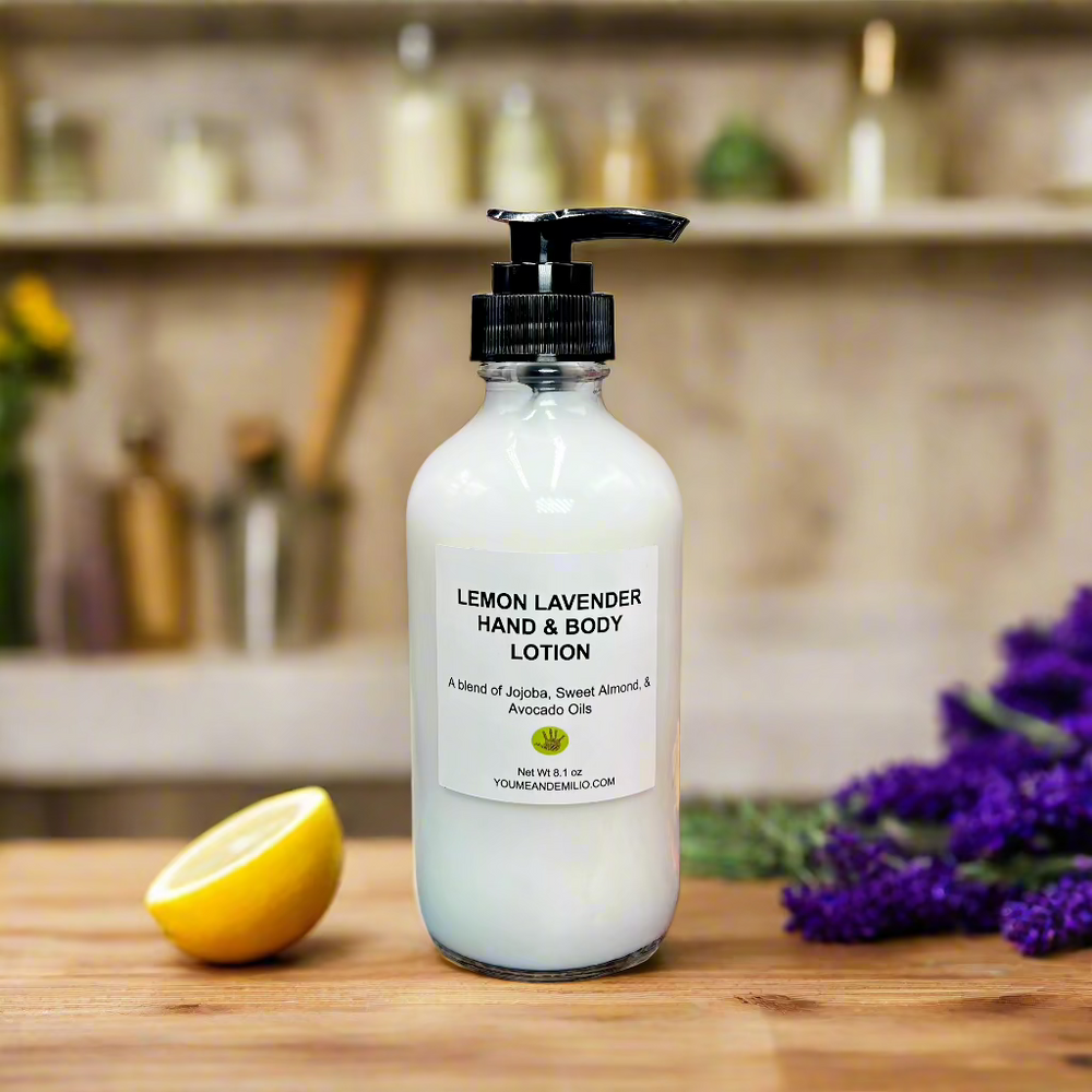 Bottle of Lemon Lavender Hand & Body Lotion with zesty lemon and lavender blossoms in the background.