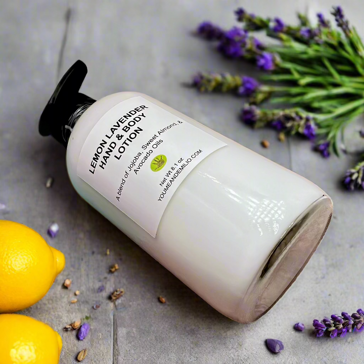 Close-up of Lemon Lavender Hand & Body Lotion being applied to hands for silky-smooth skin.
