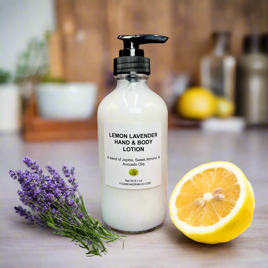 Handmade Lemon Lavender Hand & Body Lotion in eco-friendly packaging with moisturizing ingredients displayed.