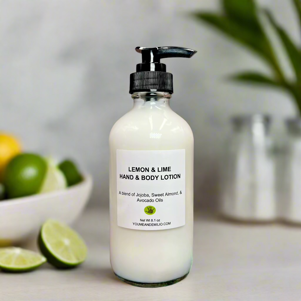 Lemon & Lime Hand & Body Lotion being applied to hands, leaving the skin soft, supple, and hydrated.