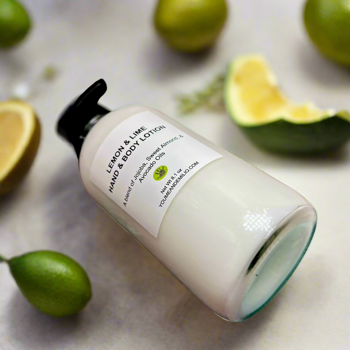 A vibrant display of Lemon & Lime Hand & Body Lotion alongside citrus slices, showcasing its refreshing and uplifting scent.