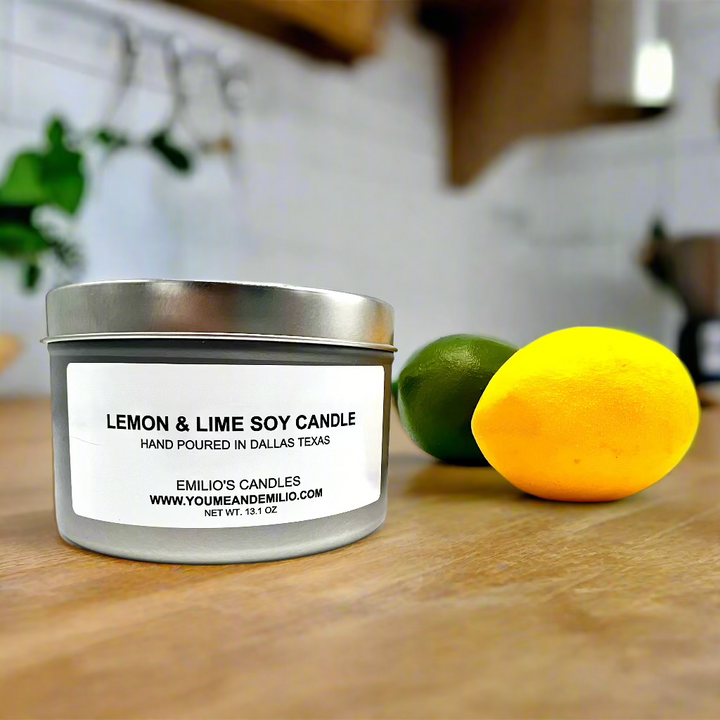 Hand-poured Lemon & Lime Soy Candle – Fresh citrus aroma with invigorating lemon and lime scents, crafted in natural soy wax for a clean, long-lasting burn.