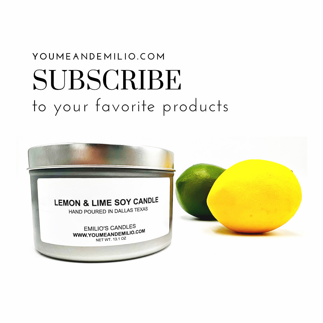 Hand-poured Lemon & Lime Soy Candle – Invigorating citrus fragrance in a clean-burning, eco-friendly soy wax. Enjoy fresh lemon and lime scents, now available with our subscription plan for effortless refills and consistent luxury in your home.