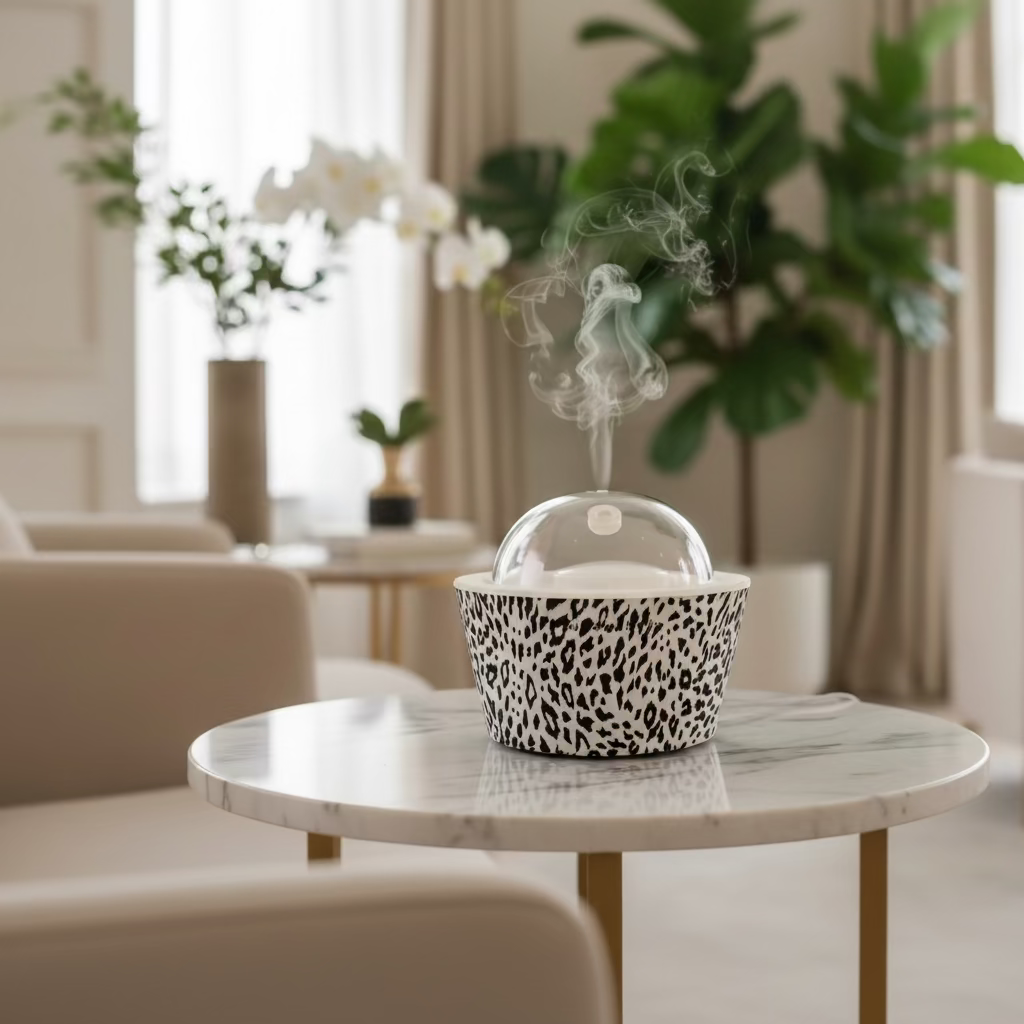 Container with leopard print design and clear dome lid on a white background