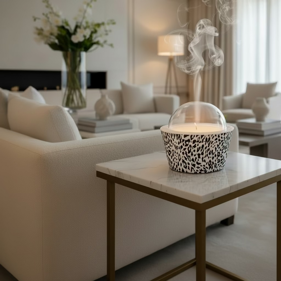 Leopard print container with a clear lid on a white background